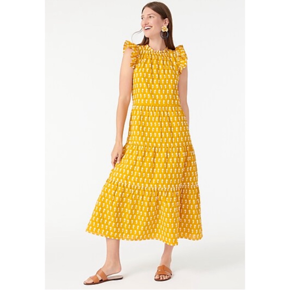 J Crew Tiered cotton lemon mustard yellow sunflower dress size XS S embroidered